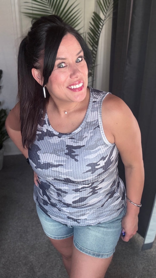 Gray Camouflage Print Ribbed Knit Round Neck Tank Top