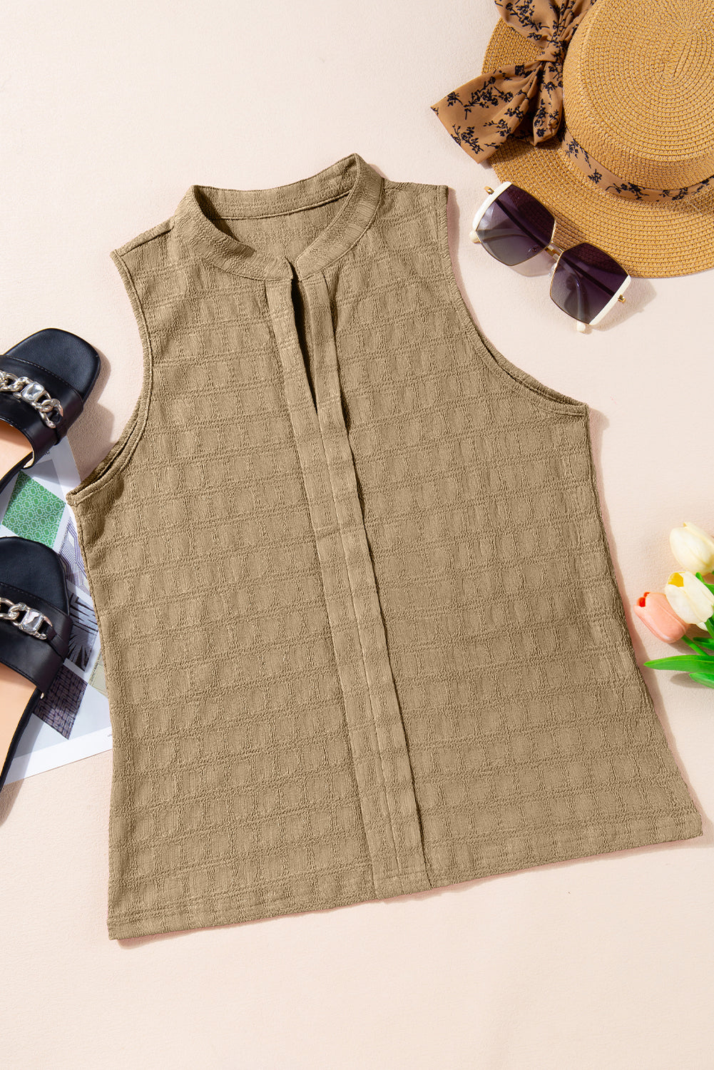 Sea Green Lattice Textured Split Neck Tank Top