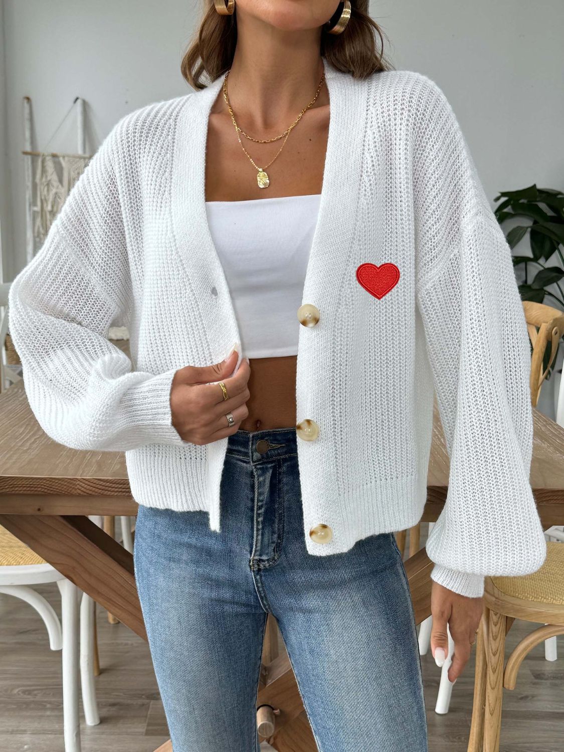 Heart Button Down V-Neck Long Sleeve Cardigan