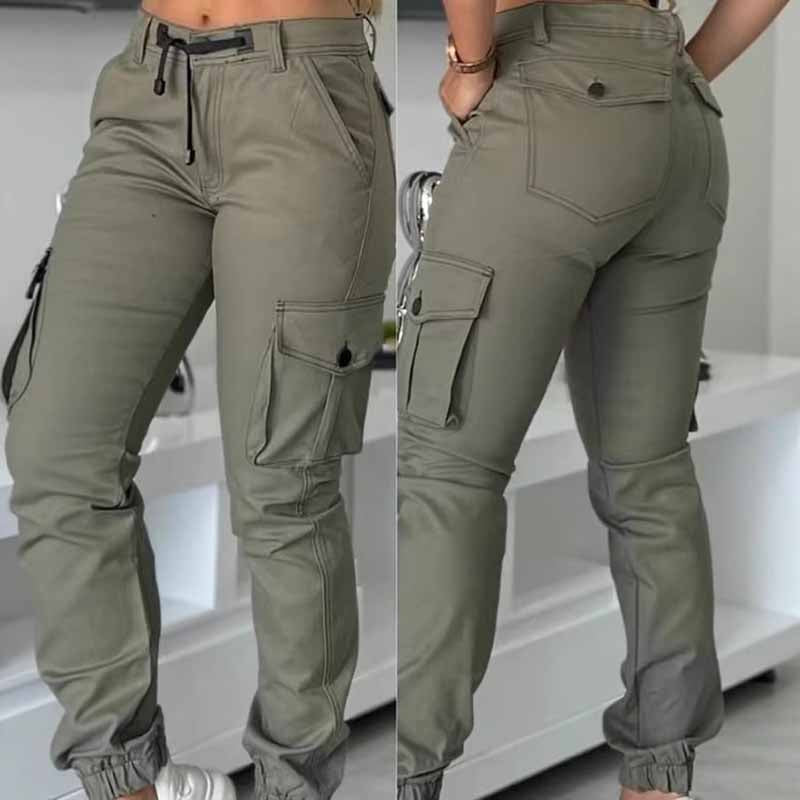 Women's High-Waisted Cargo Pants - Non-See-Through Work Pants With Drawstring Waist Multi-Pocket Slim Tapered Leg For Office