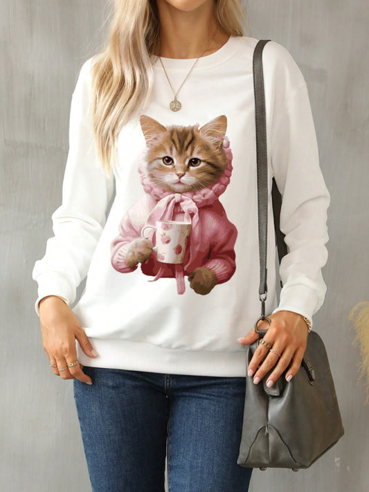 Cat Round Neck Long Sleeve Sweatshirt