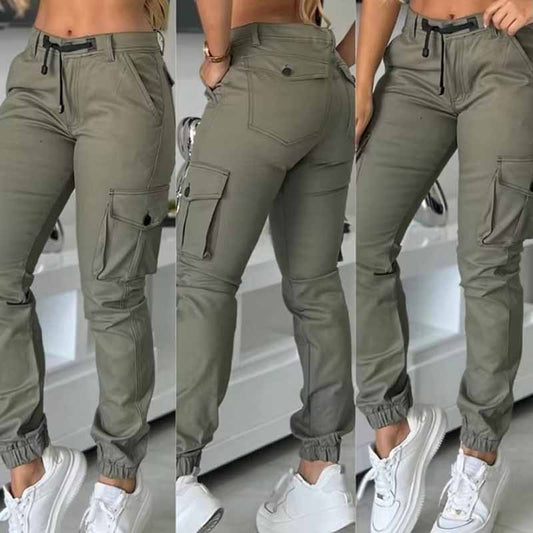 Women's High-Waisted Cargo Pants - Non-See-Through Work Pants With Drawstring Waist Multi-Pocket Slim Tapered Leg For Office
