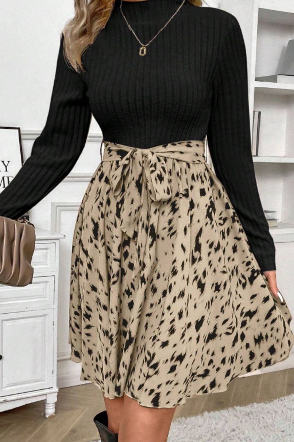 Printed Tie Waist Mock Neck Long Sleeve Dress