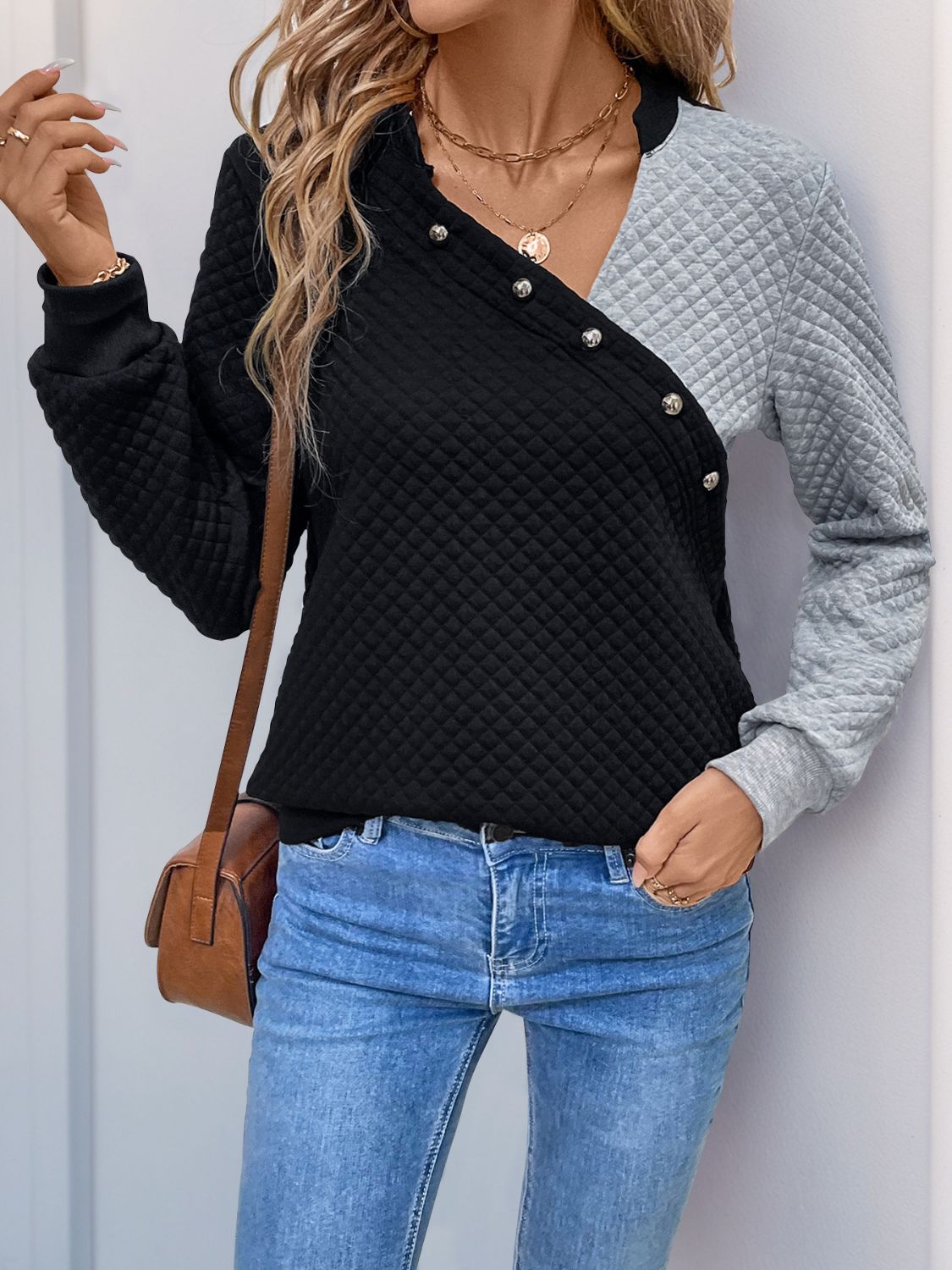 Perfee Decorative Button Contrast Long Sleeve Sweatshirt