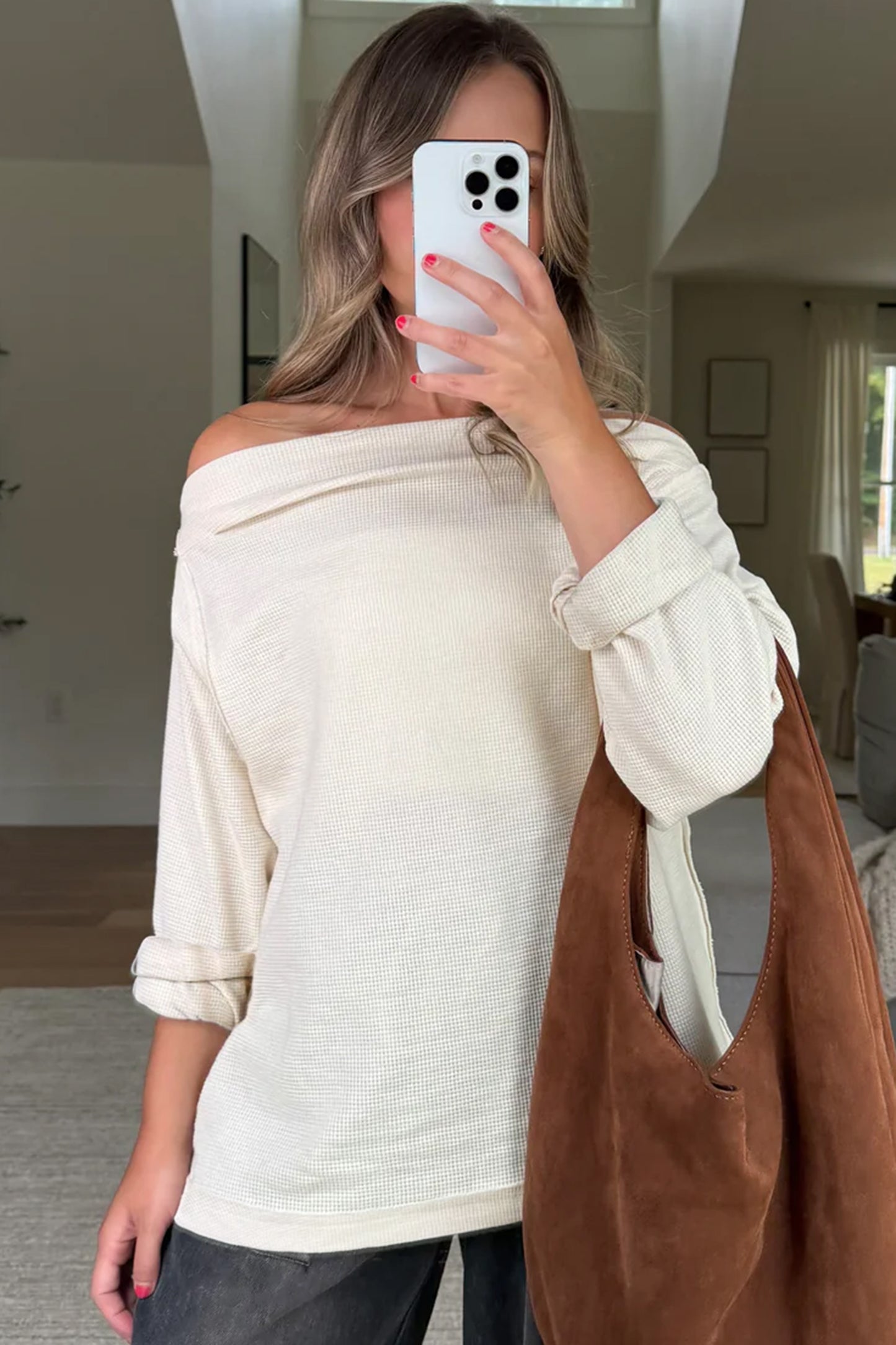 Waffle Knit Asymmetric Neck Long Sleeve Top