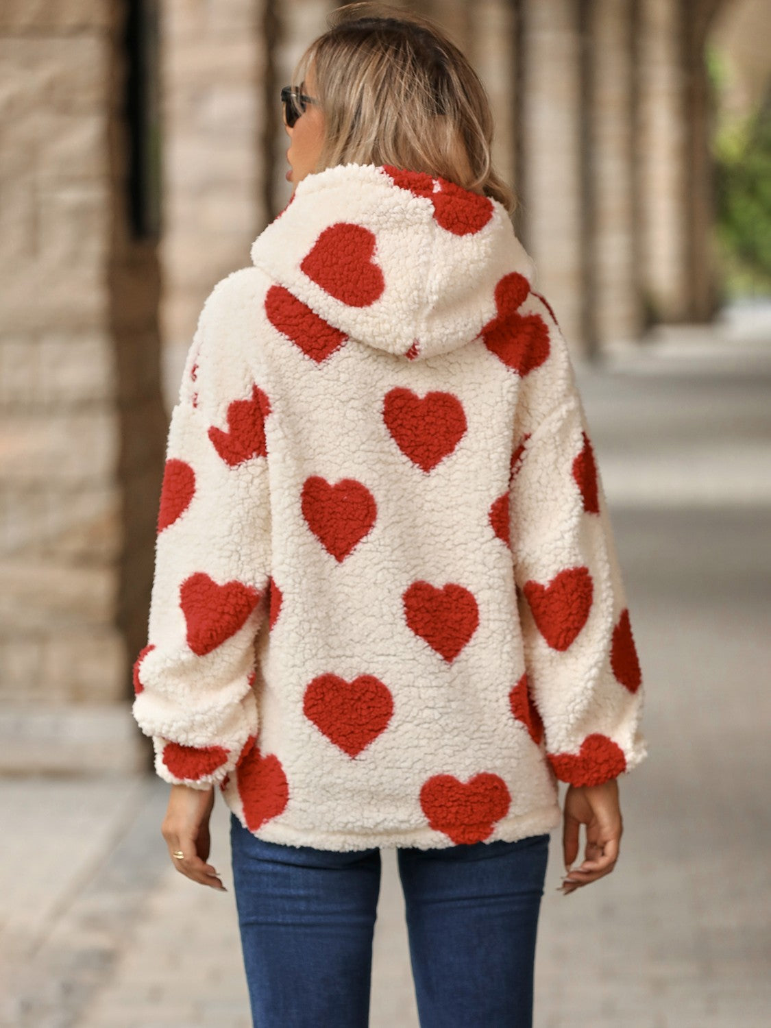 Fuzzy Heart Pocketed Dropped Shoulder Hoodie