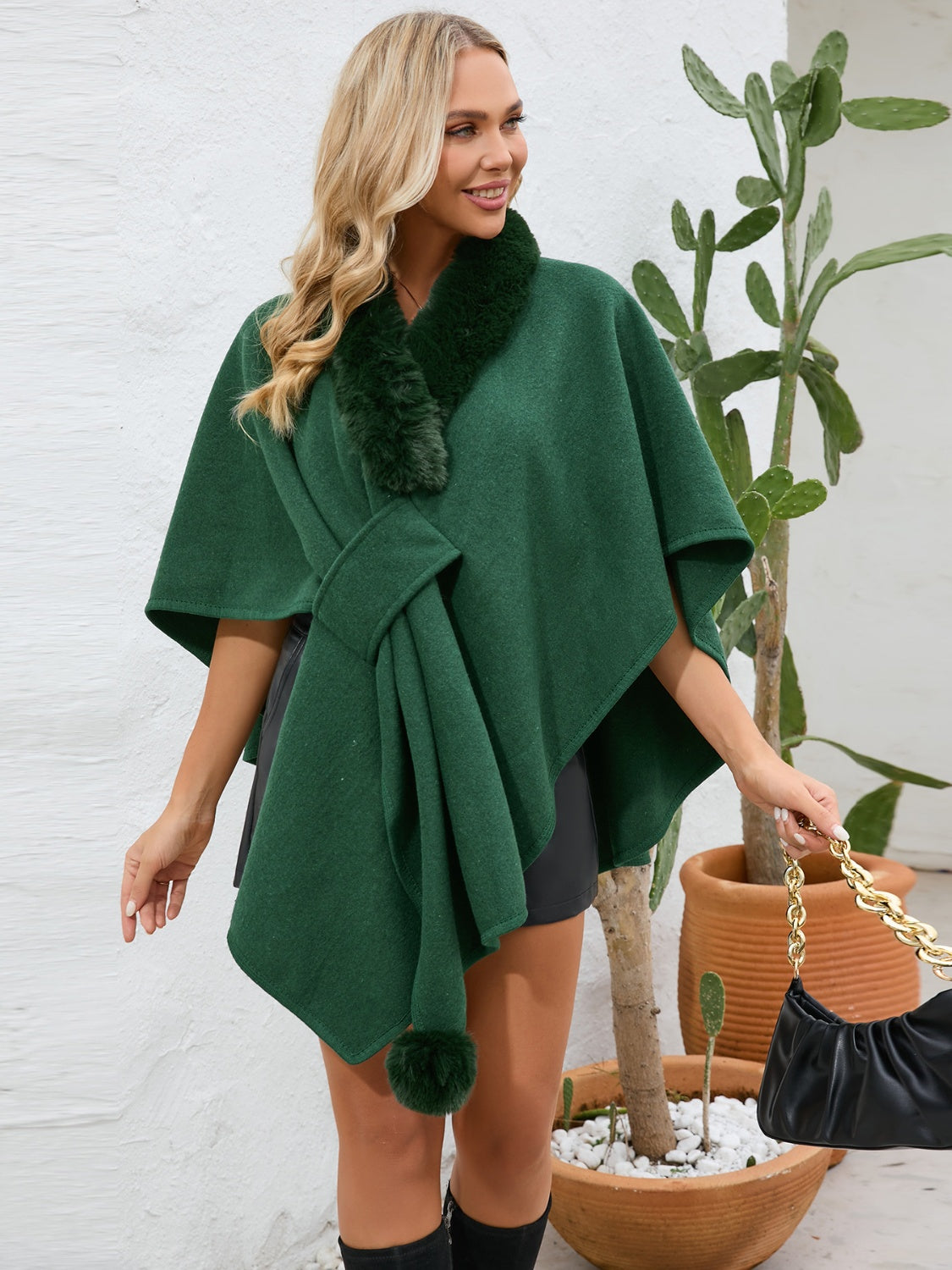 Fuzzy Trim Open Front Poncho