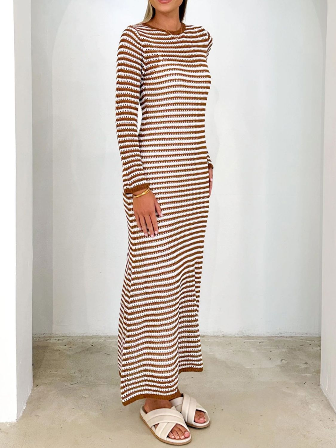 Devine Tied Round Neck Striped Sweater Dress