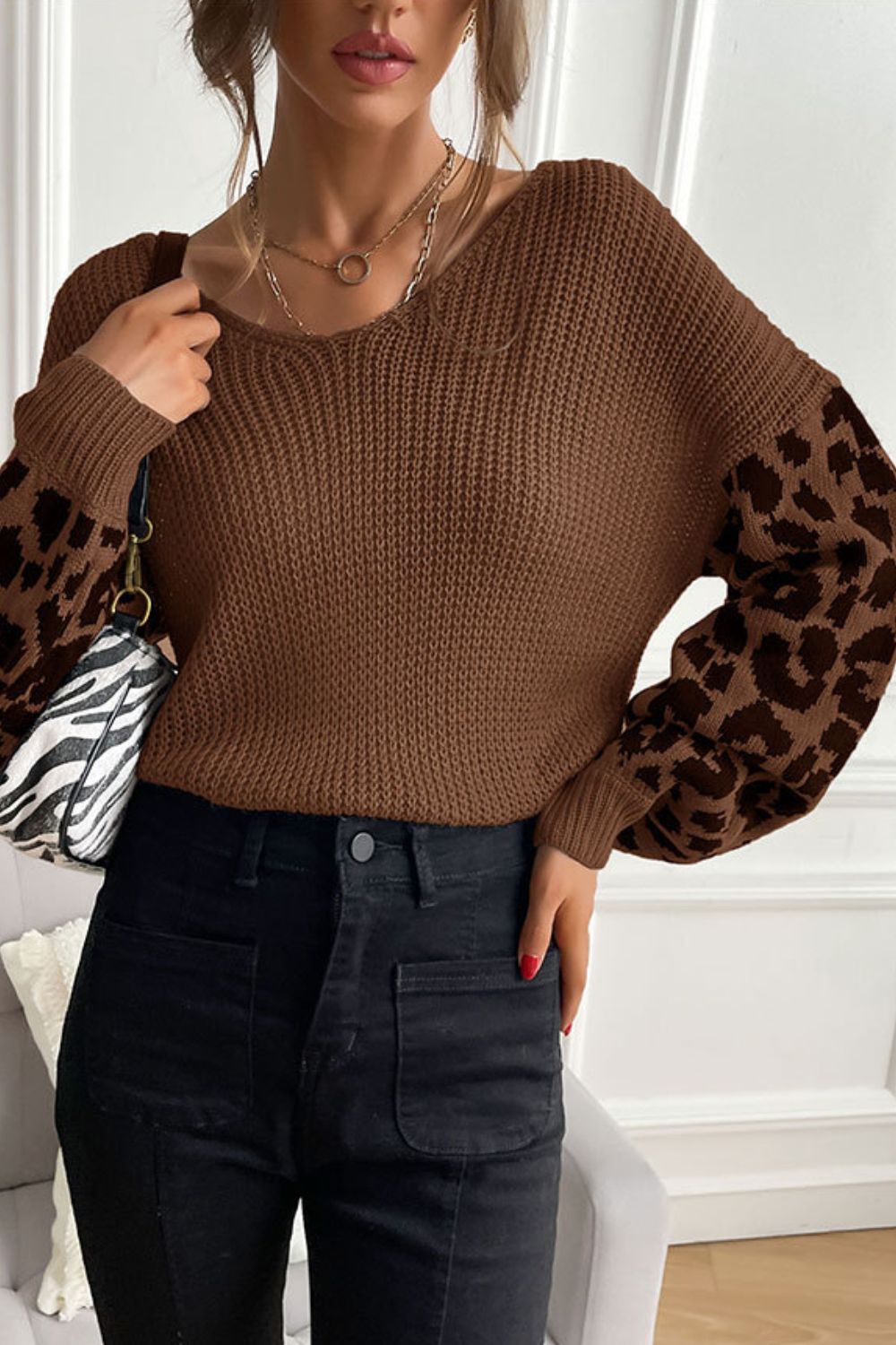 Perfee Leopard Sleeve Dropped Shoulder Sweater