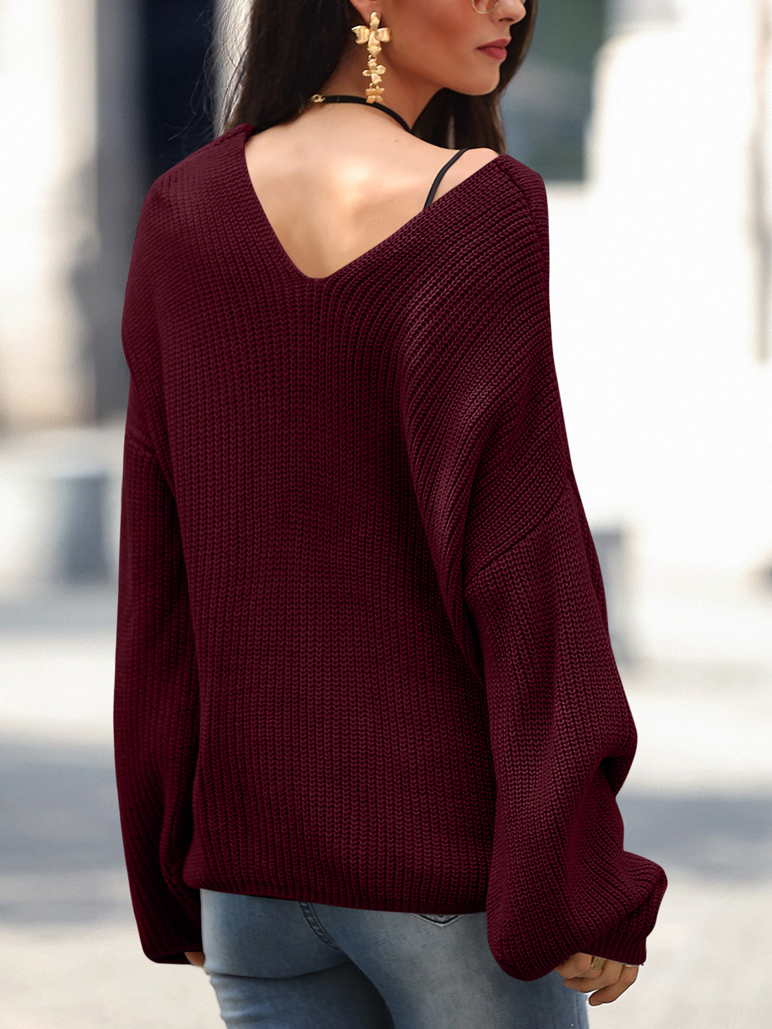 Full Size Lace Up V-Neck Long Sleeve Sweater