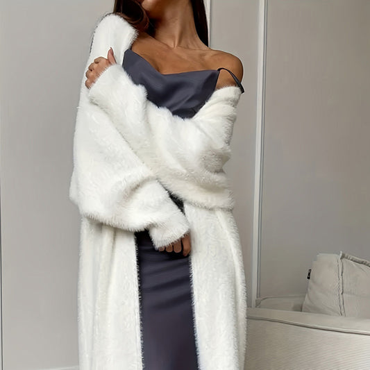 Women's Furry Long Cardigan - Slouchy Open Front Duster Coat, Fuzzy Cozy Layer