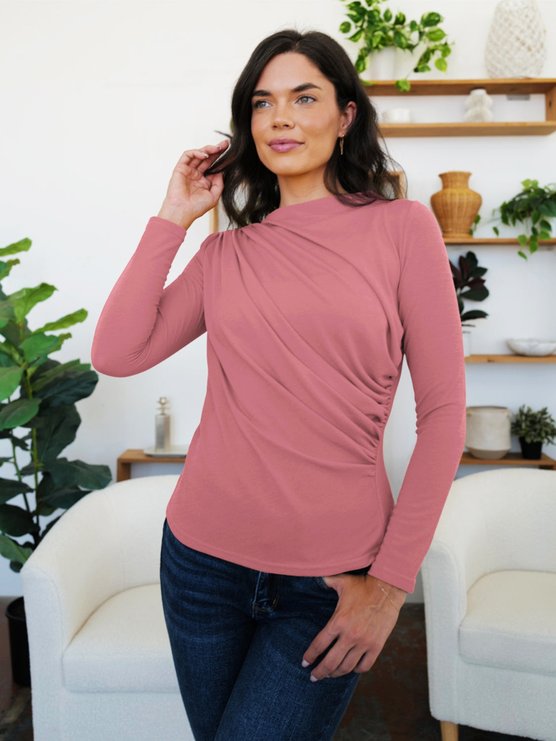 Ruched Mock Neck Long Sleeve T-Shirt