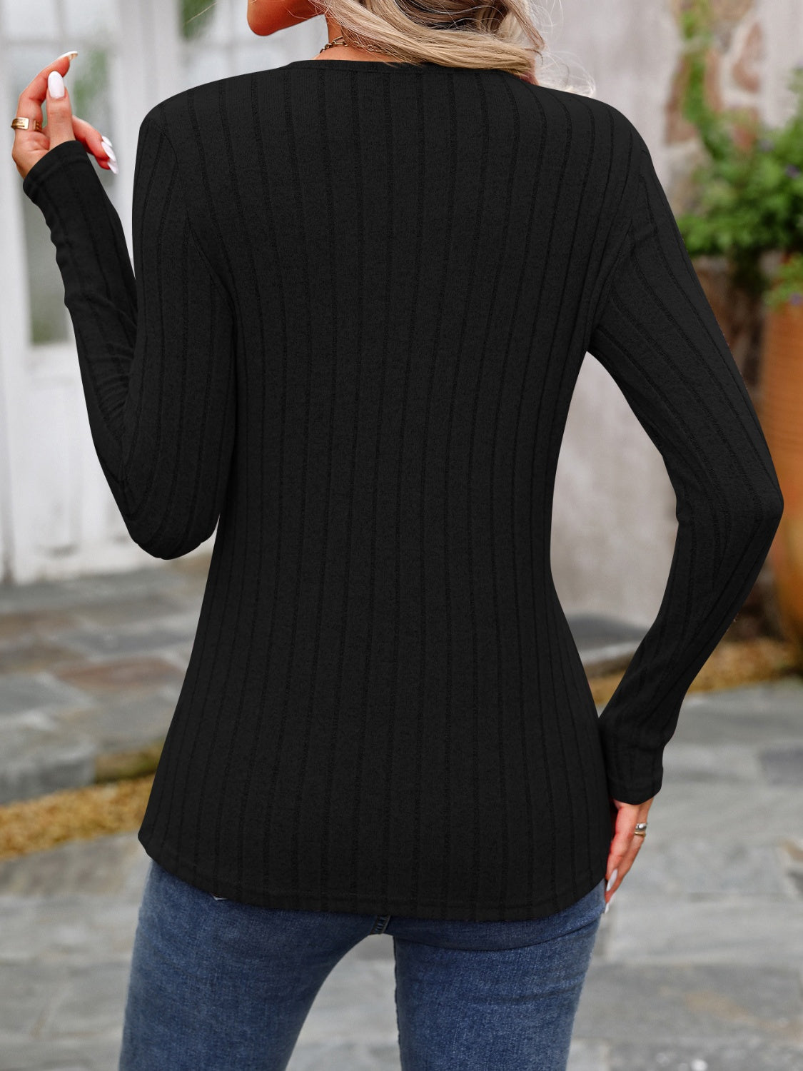 Decorative Button Round Neck Long Sleeve T-Shirt