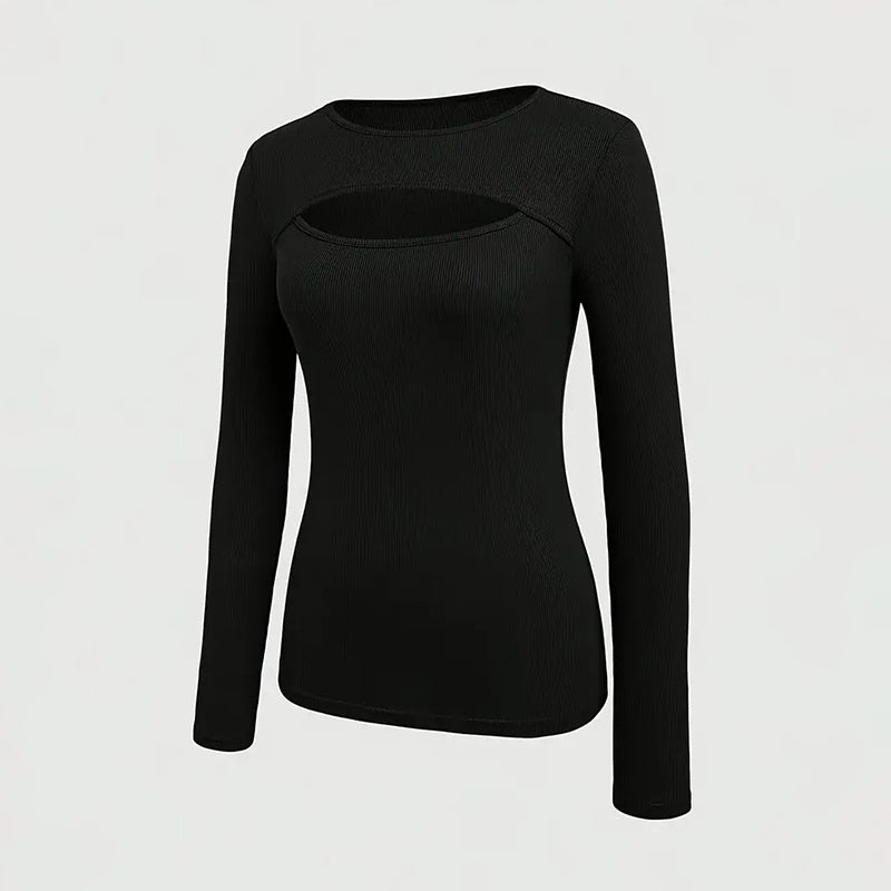 Women's Cut Out Ribbed Tee, Long Sleeve Fitted Sexy Casual Top
