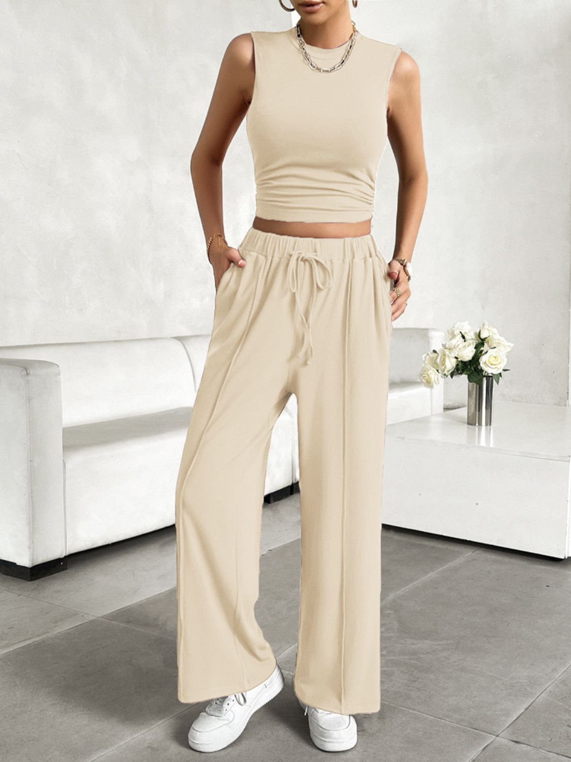 Mock Neck Sleeveless Top and Drawstring Pants Set