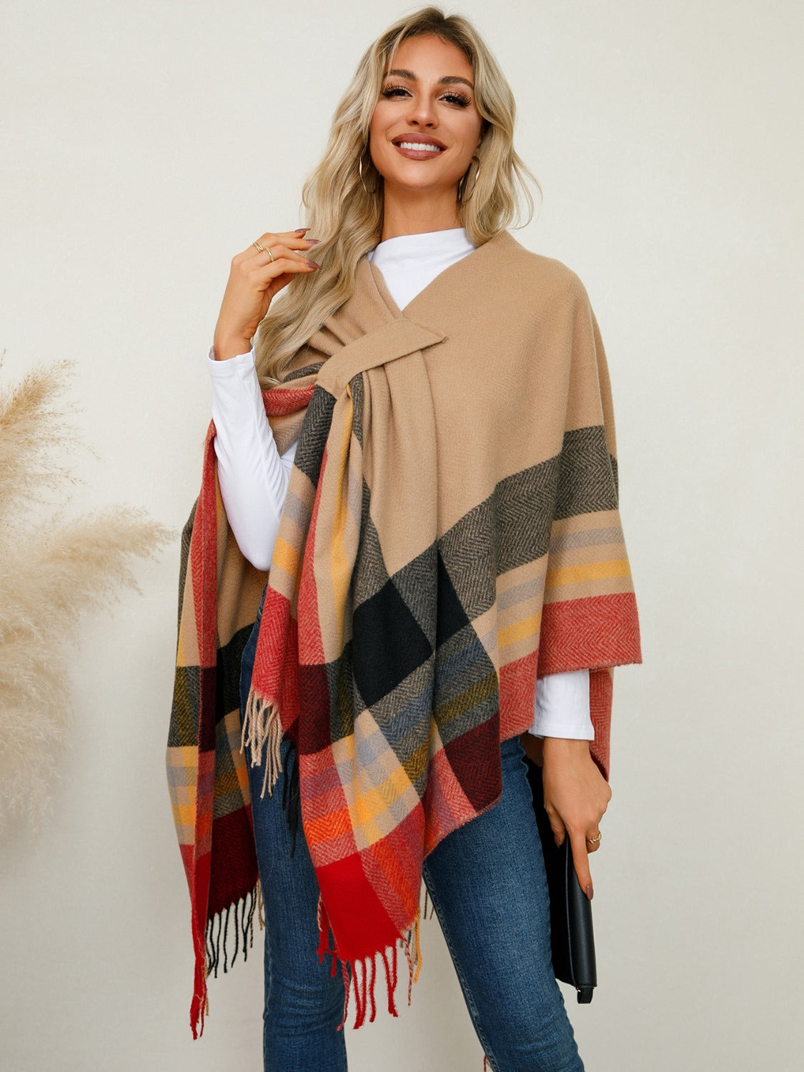 Fringe Contrast Plaid Poncho