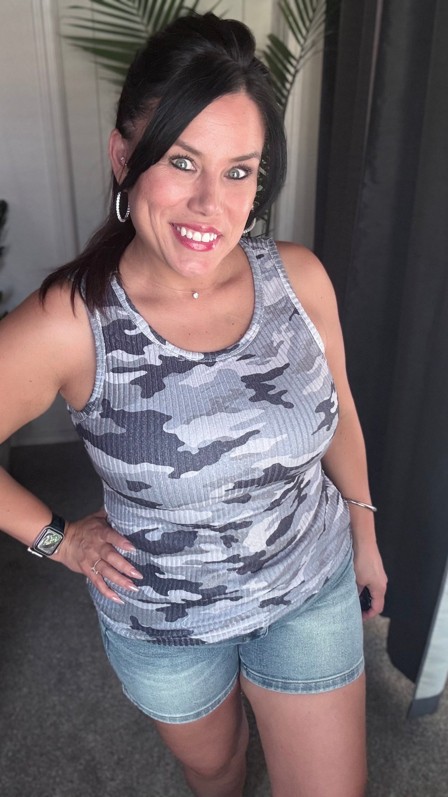 Gray Camouflage Print Ribbed Knit Round Neck Tank Top