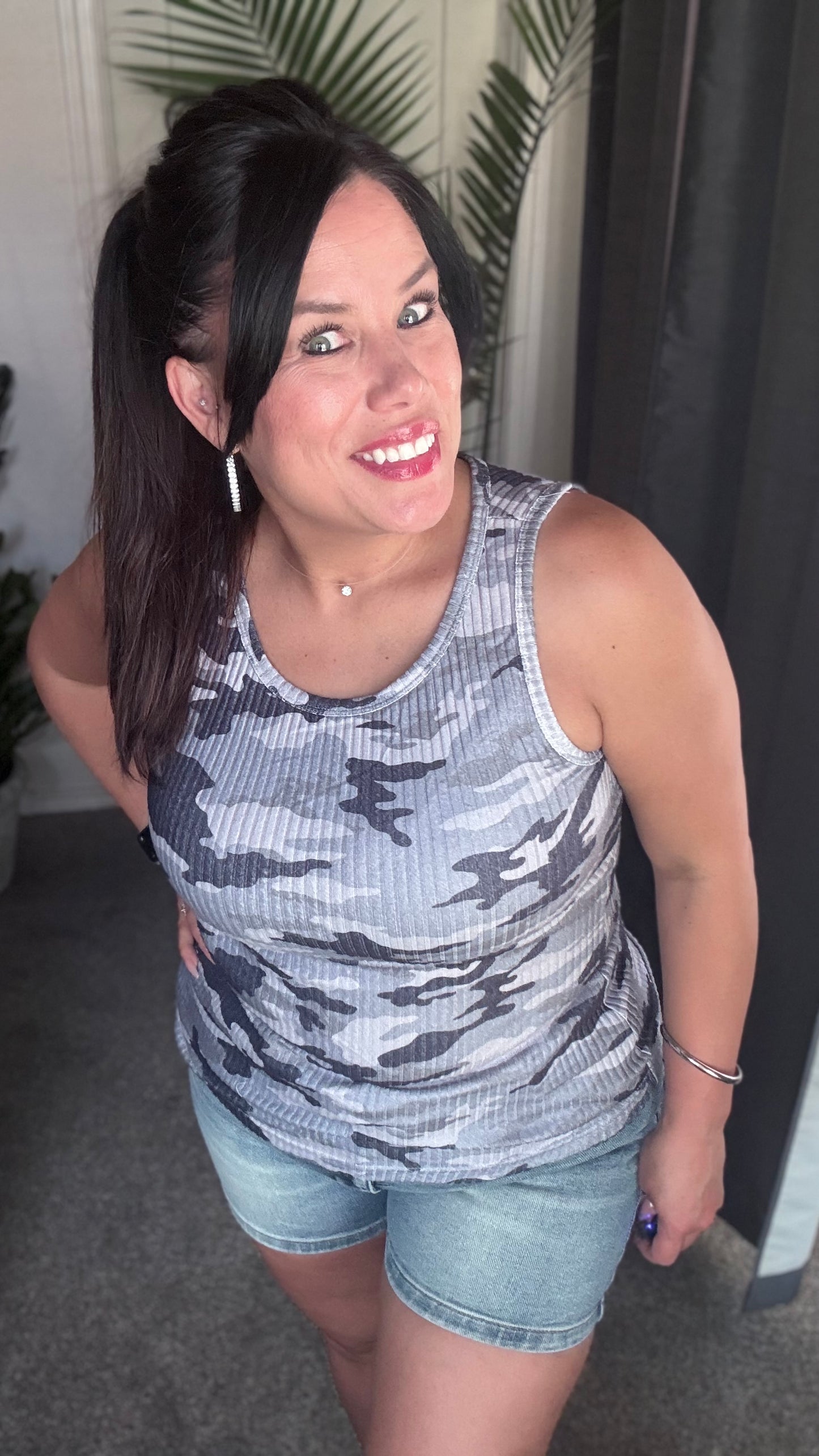 Gray Camouflage Print Ribbed Knit Round Neck Tank Top