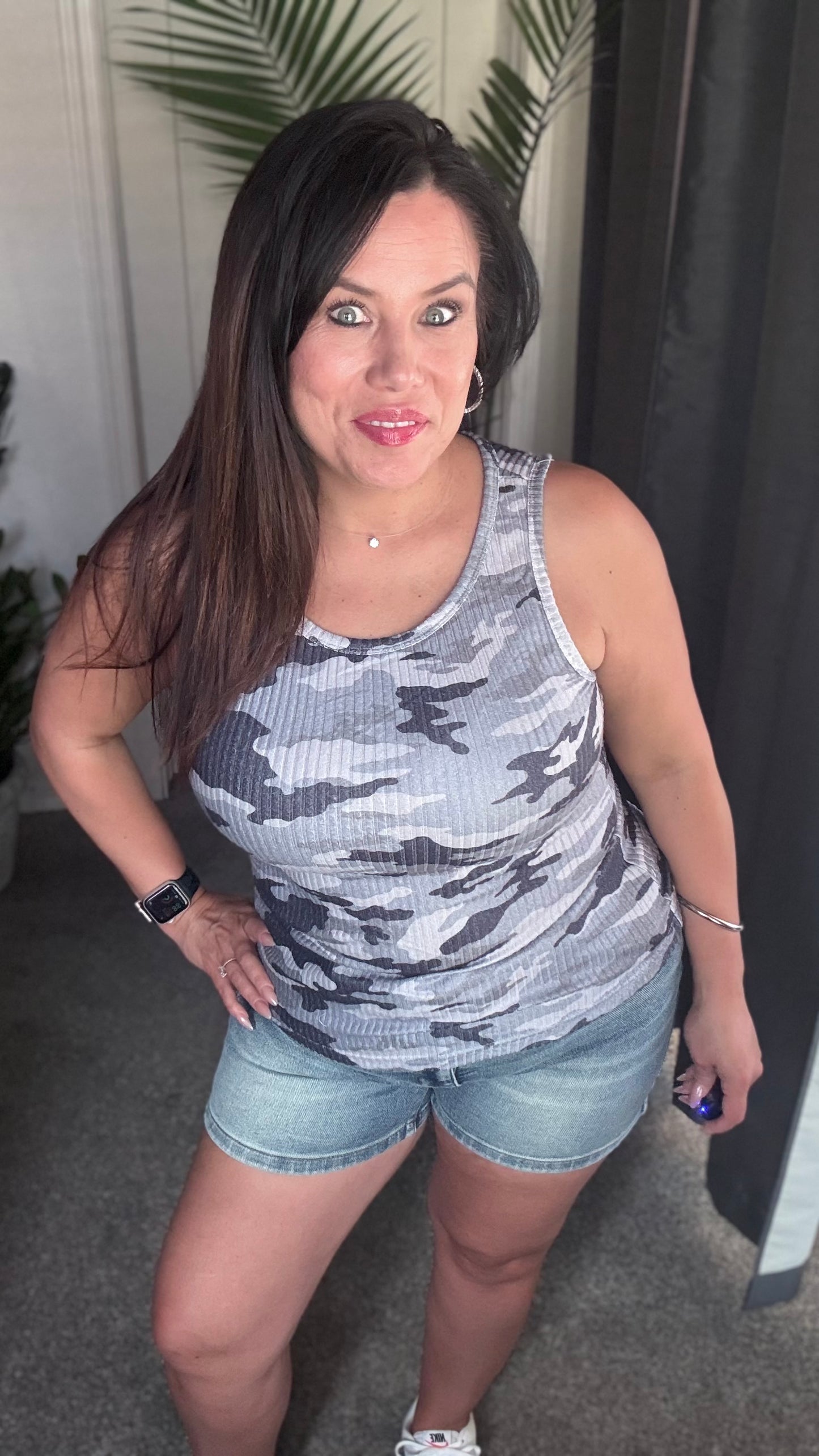 Gray Camouflage Print Ribbed Knit Round Neck Tank Top