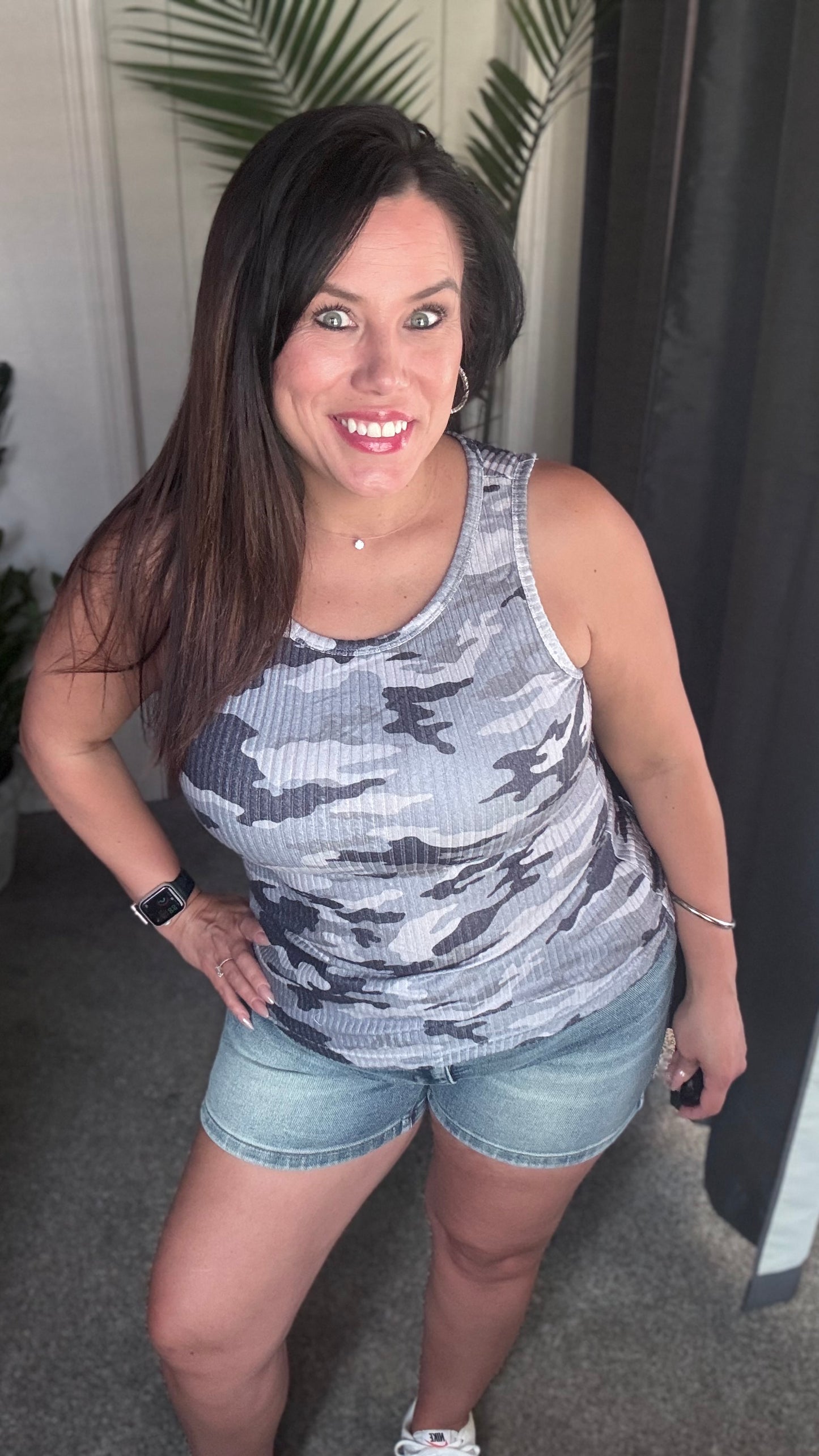 Gray Camouflage Print Ribbed Knit Round Neck Tank Top