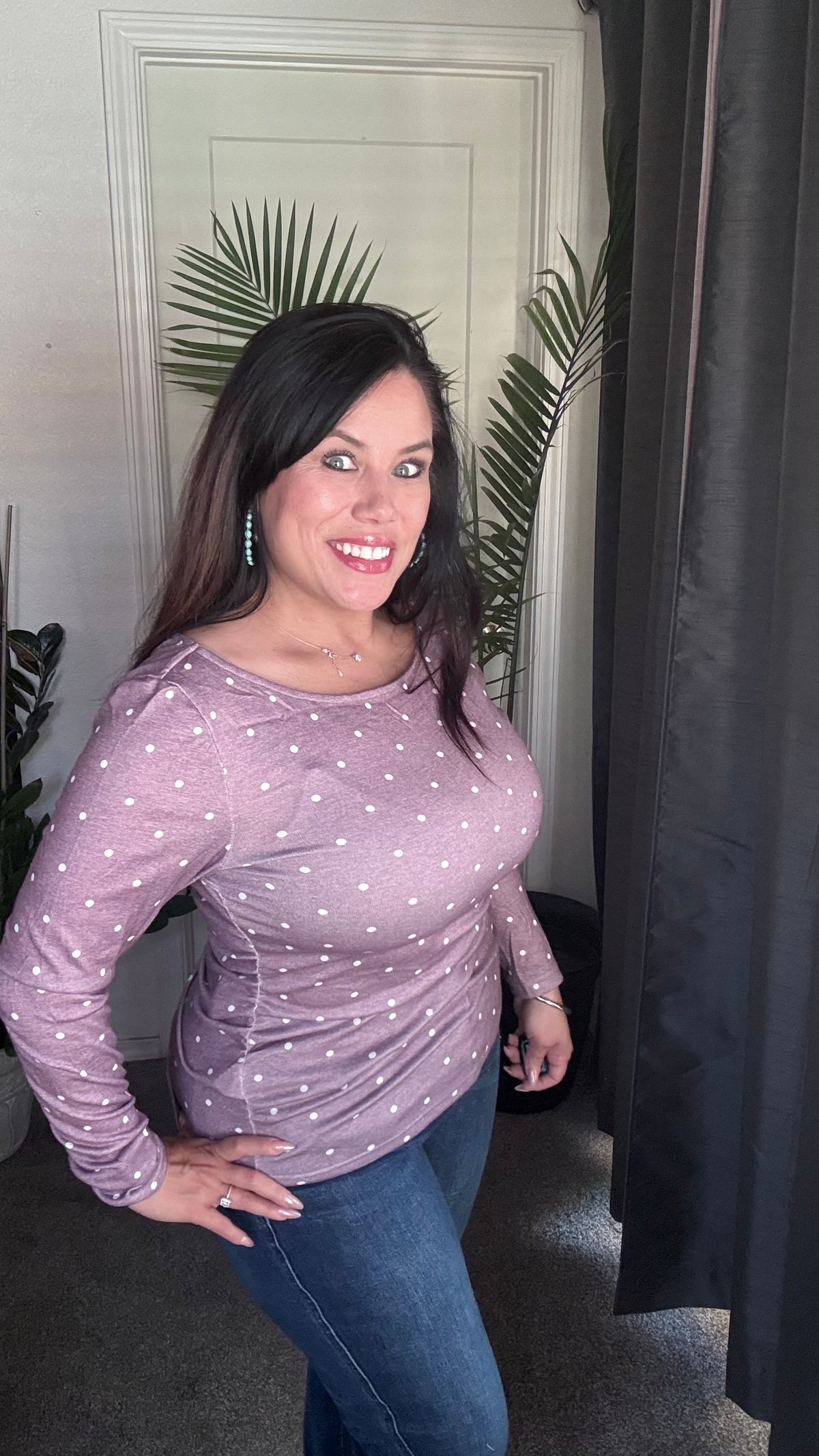 Dot About You Ruched Long Sleeve Top