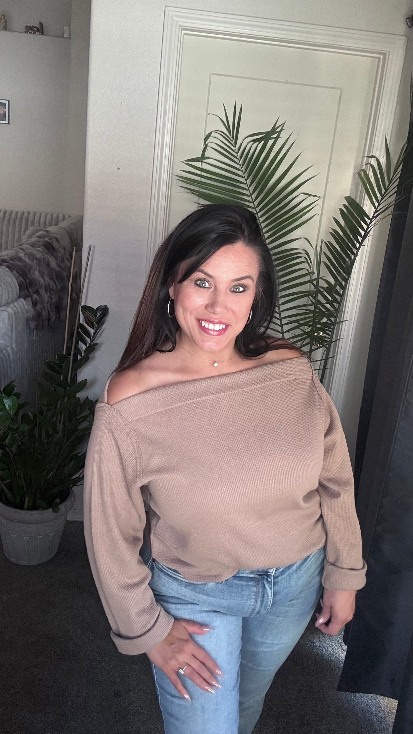 Waffle Knit Asymmetric Neck Long Sleeve Top