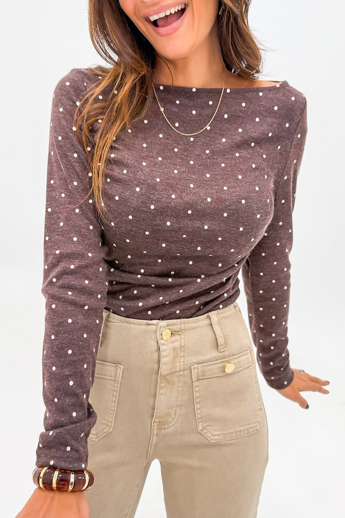 Dot About You Ruched Long Sleeve Top