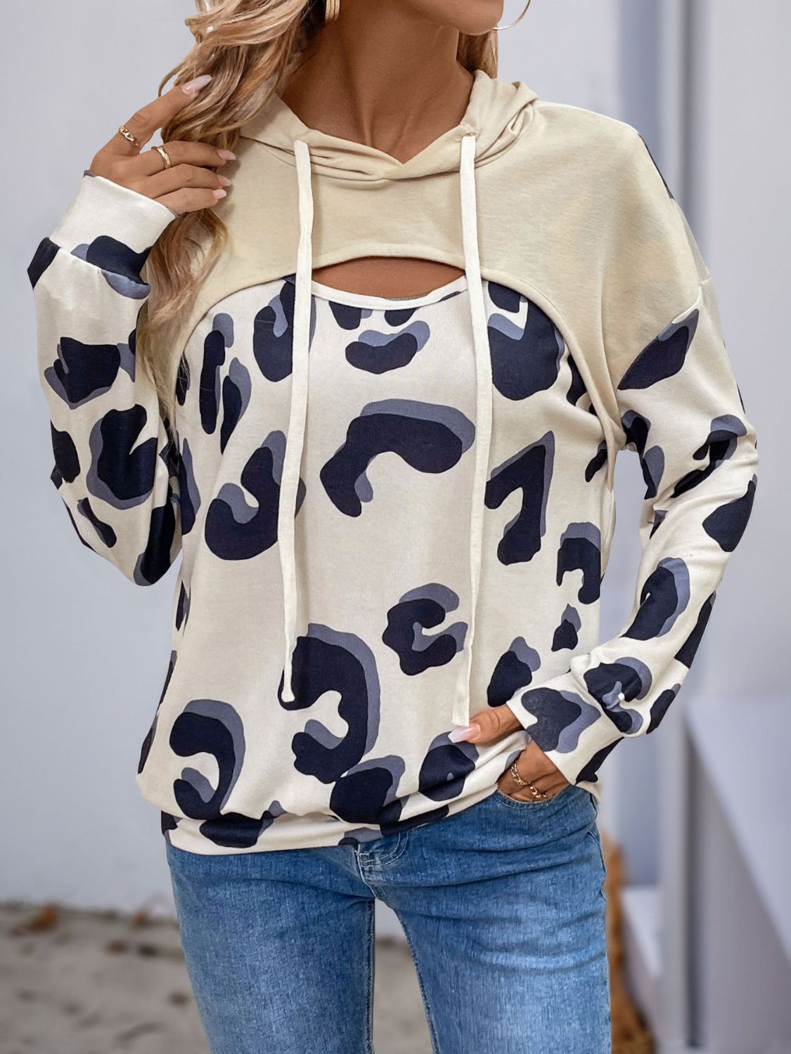 Perfee Drawstring Faux Layered Long Sleeve Hoodie