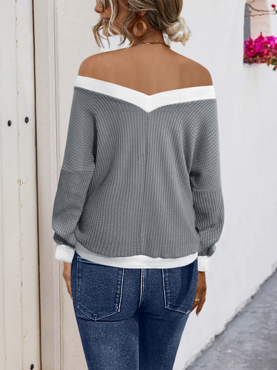 Contrast Trim Off-Shoulder Long Sleeve Sweatshirt