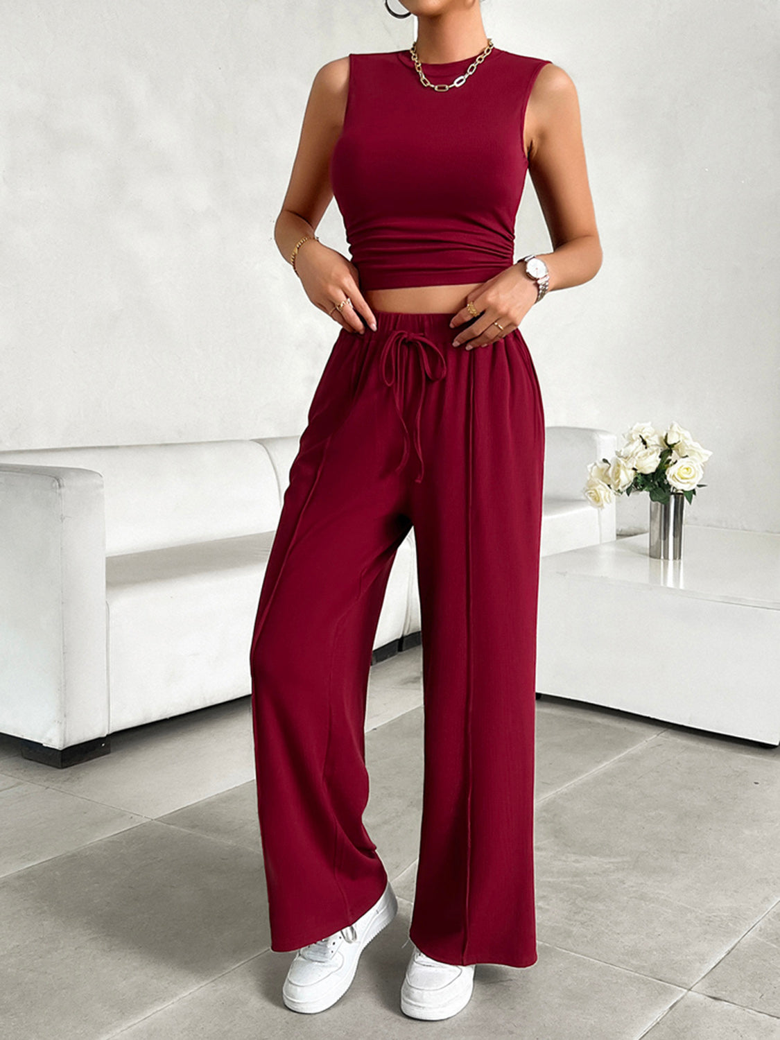 Mock Neck Sleeveless Top and Drawstring Pants Set