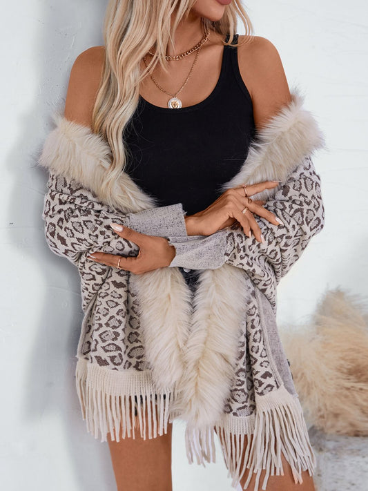 Fringe Leopard Open Front Long Sleeve Poncho