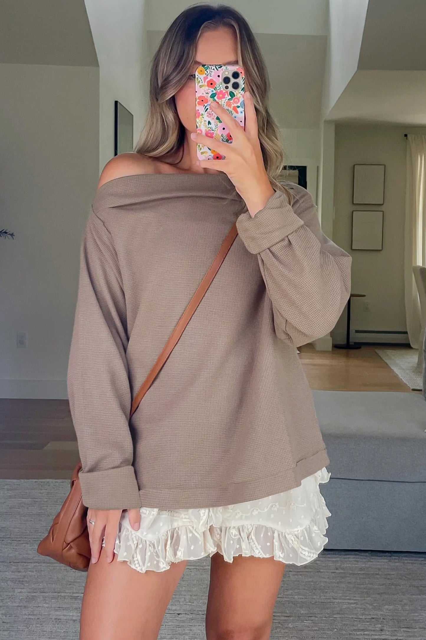 Waffle Knit Asymmetric Neck Long Sleeve Top