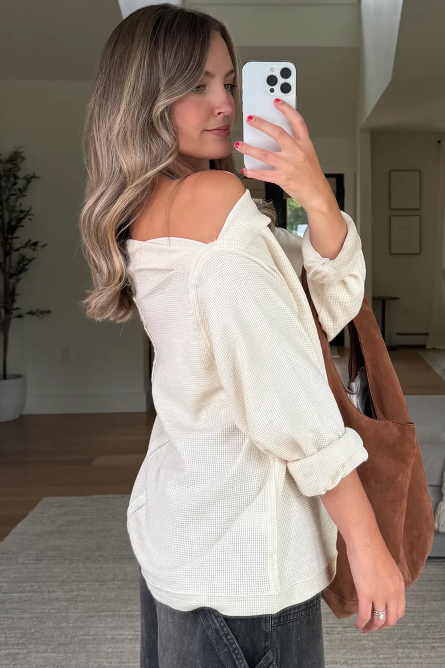 Waffle Knit Asymmetric Neck Long Sleeve Top