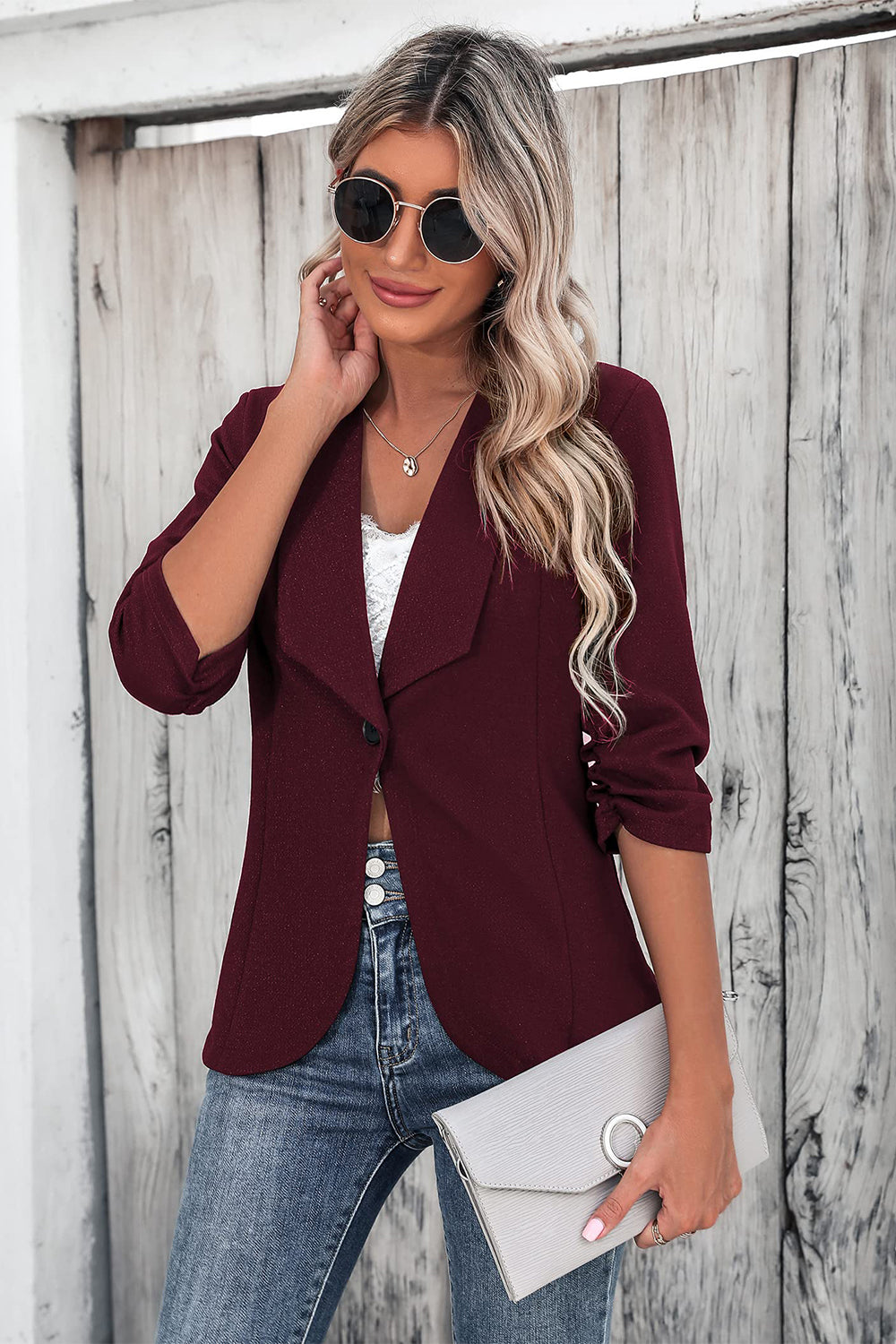 One Button Collared Neck Ruched Sleeve Blazer