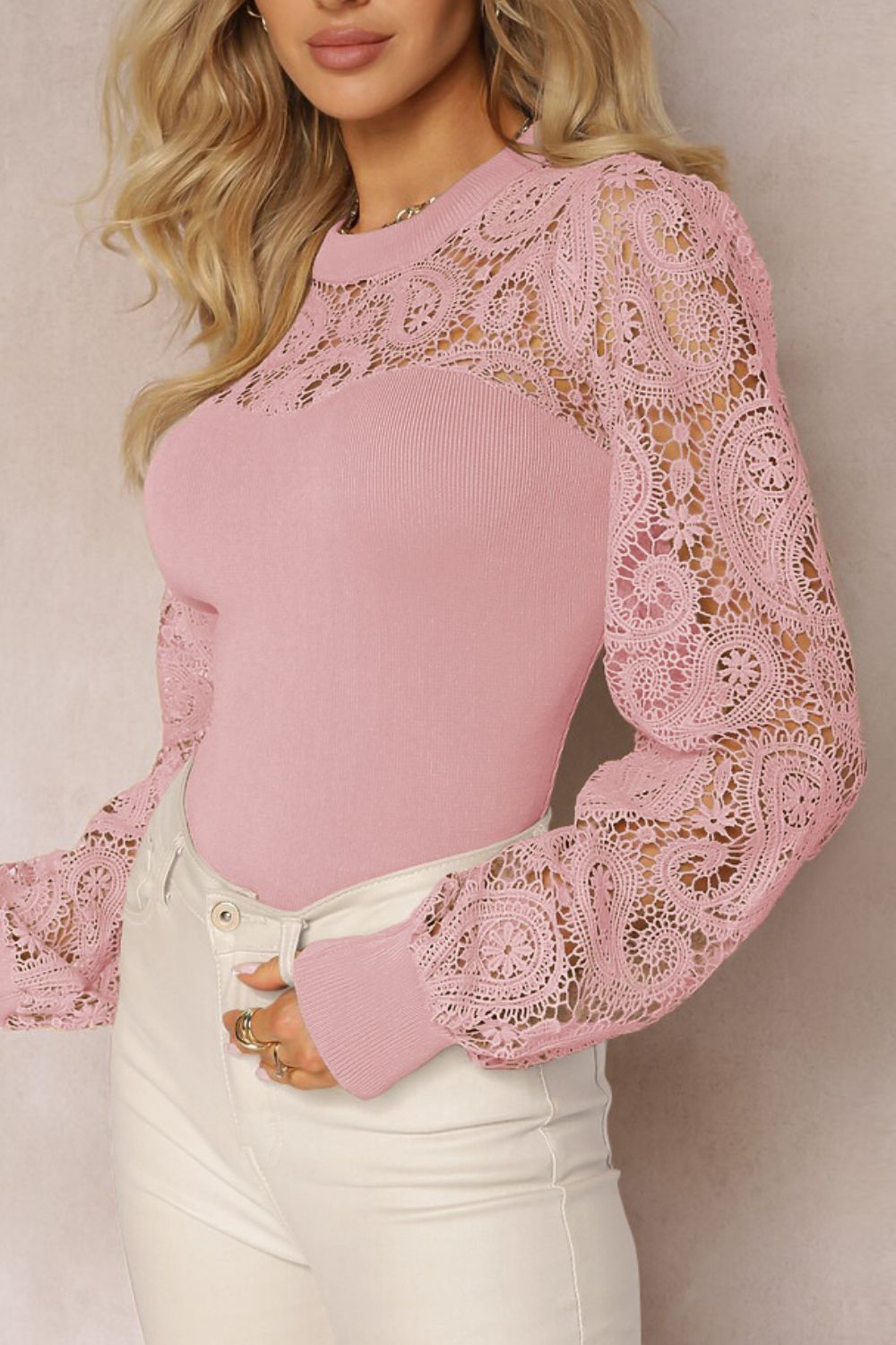 Lace Patchwork Round Neck Long Sleeve Blouse