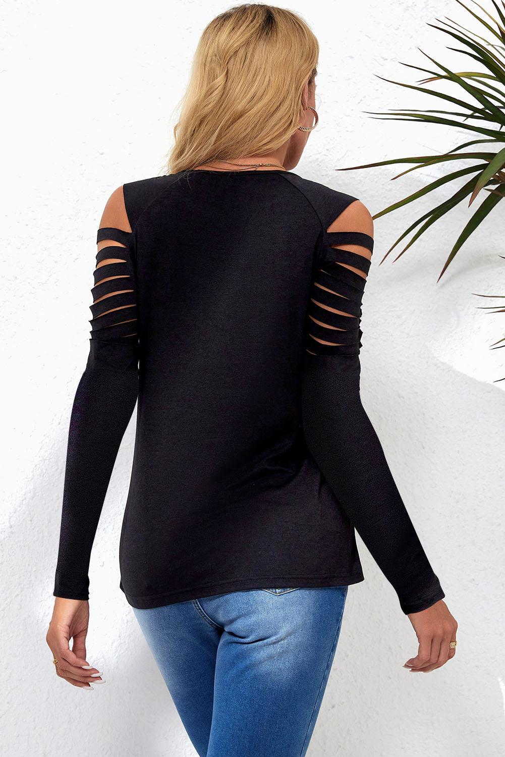 Mesh Patch Ripped Long Sleeve Top