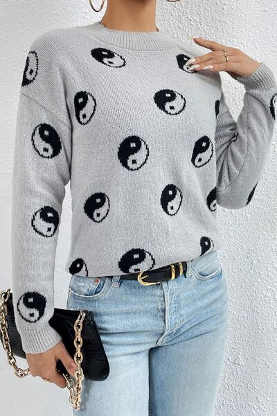 Printed Mock Neck Dropped Shoulder Sweater