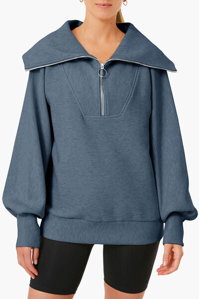 Pocketed Quarter Zip Collared Neck Sweatshirt