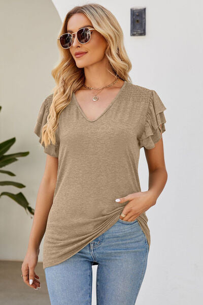 Ruffled V-Neck Flutter Sleeve T-Shirt