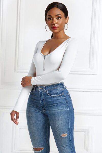 Half Zip Scoop Neck Long Sleeve Bodysuit