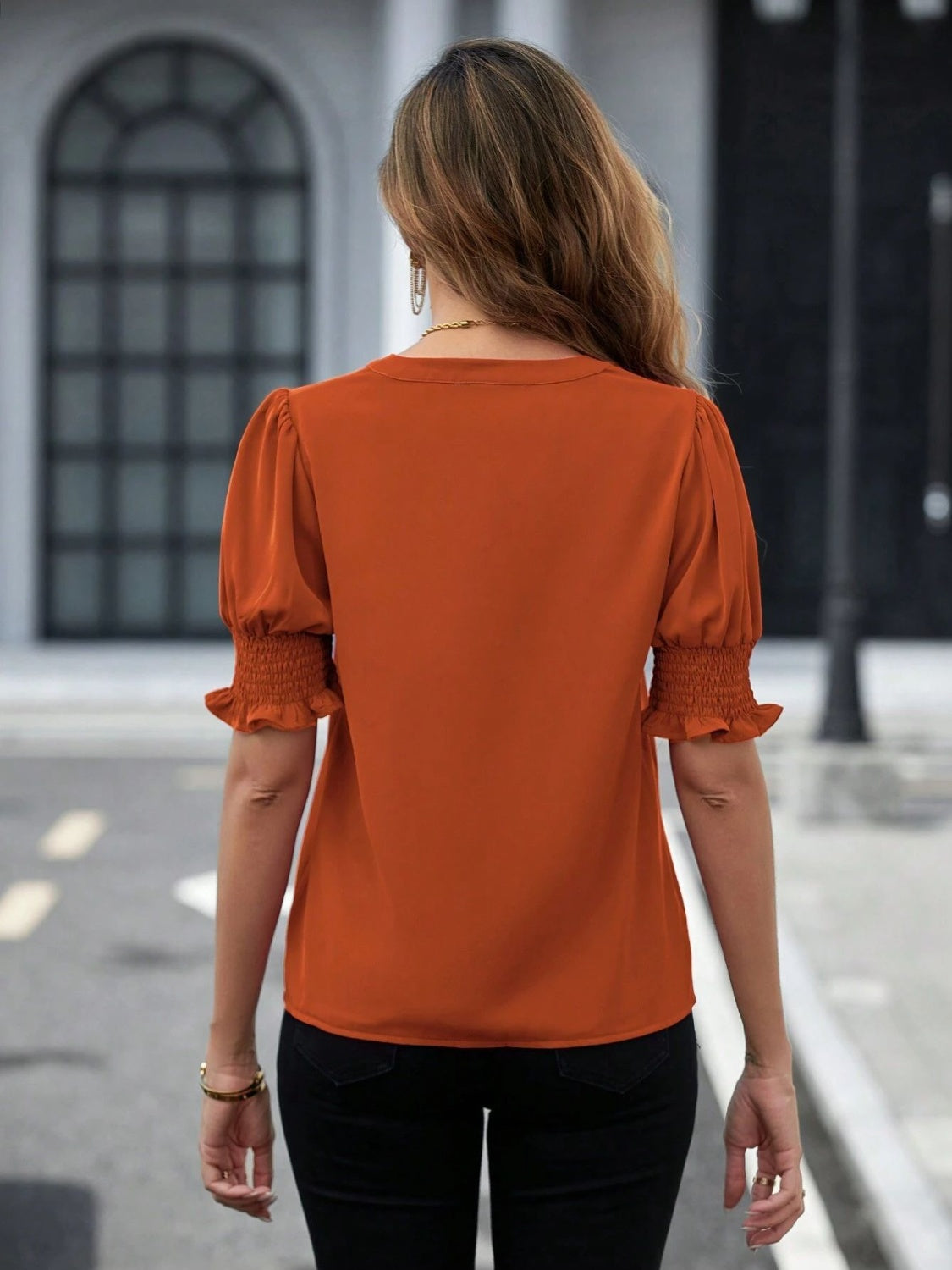 Notched Short Sleeve Blouse