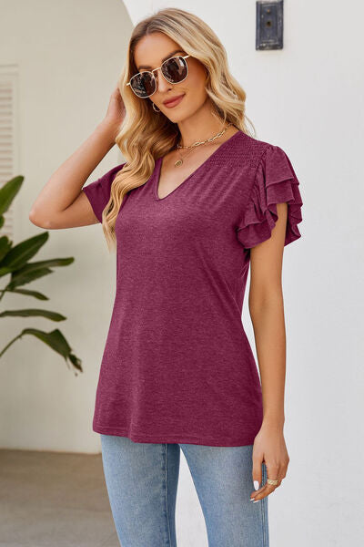 Ruffled V-Neck Flutter Sleeve T-Shirt