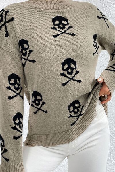 Printed Mock Neck Dropped Shoulder Sweater