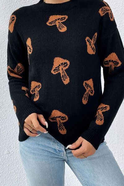 Printed Mock Neck Dropped Shoulder Sweater