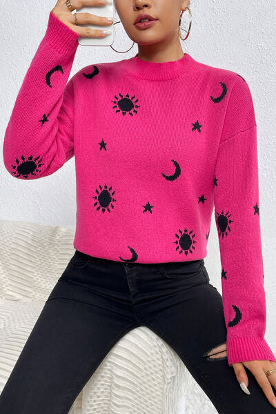 Printed Mock Neck Dropped Shoulder Sweater