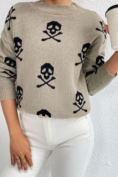 Printed Mock Neck Dropped Shoulder Sweater